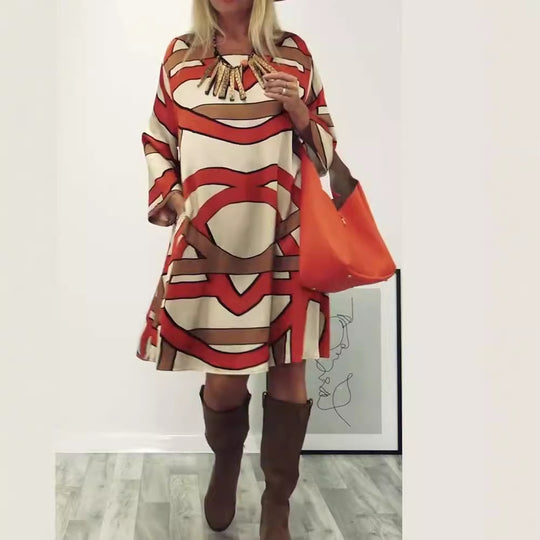 Damen nan großzügiges Swingkleid mit weitem Tulpen-Saum, Fledermausärmeln und grafischem Allovermuster R&B