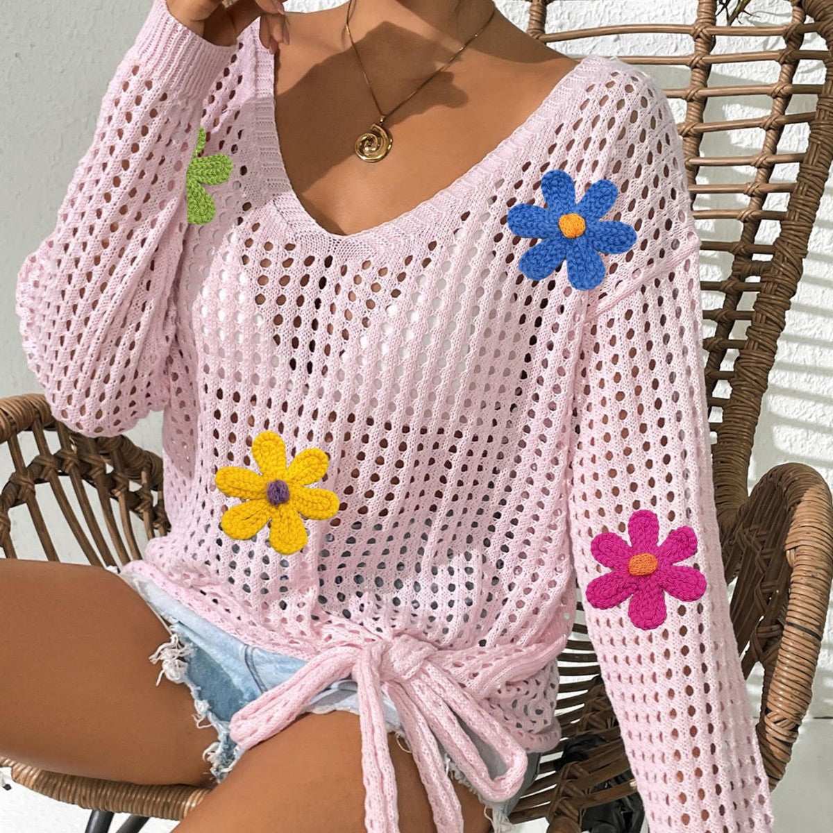 Damen Häkeloberteil mit Blumenapplikationen R&B