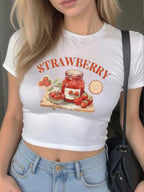 Damen Crop-Top mit kreativem Erdbeer-Design und figurbetontem Schnitt R&B
