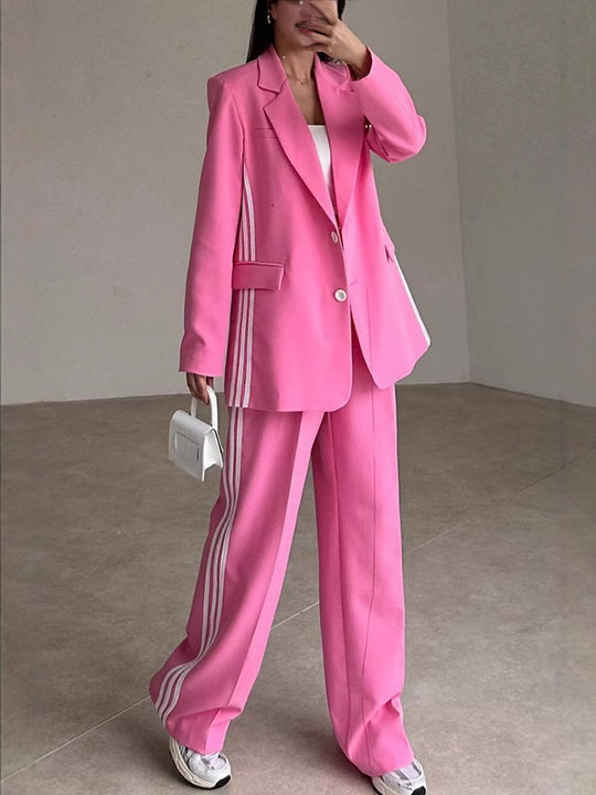Damen Modisches Blazer-Hosen-Set mit kontrastierenden Streifen R&B