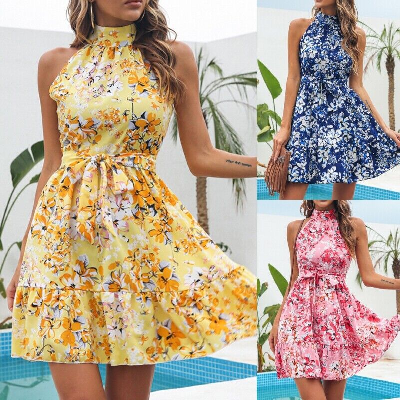 Damen Verspieltes Blumenkleid mit hohem Kragen und Rüschensaum R&B