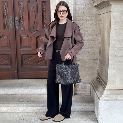 Damen lässige Oversized-Jacke mit doppelter Knopfleiste und breitem Revers R&B