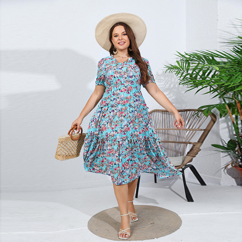 Damen Midikleid mit floralen Rüschendetails und elastischem Taillenbund R&B