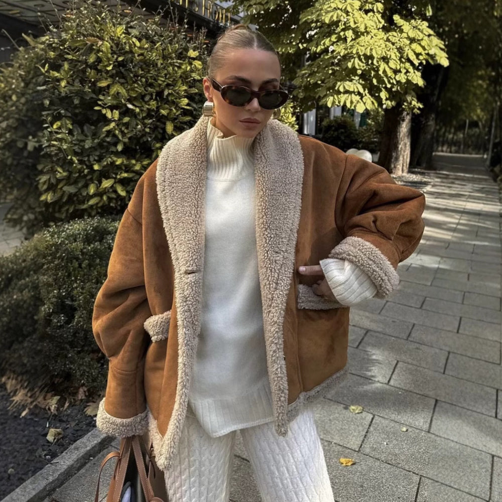 Damen kuscheliger Schnittjacke mit Teddyfelldetails R&B