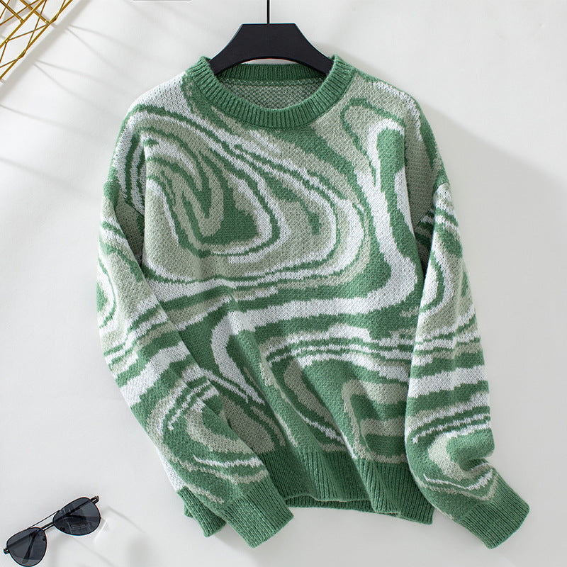 Damen gemusterter Strickpullover mit modernem Wellenmuster und Rundhalsausschnitt R&B