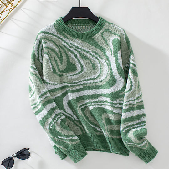 Damen gemusterter Strickpullover mit modernem Wellenmuster und Rundhalsausschnitt R&B