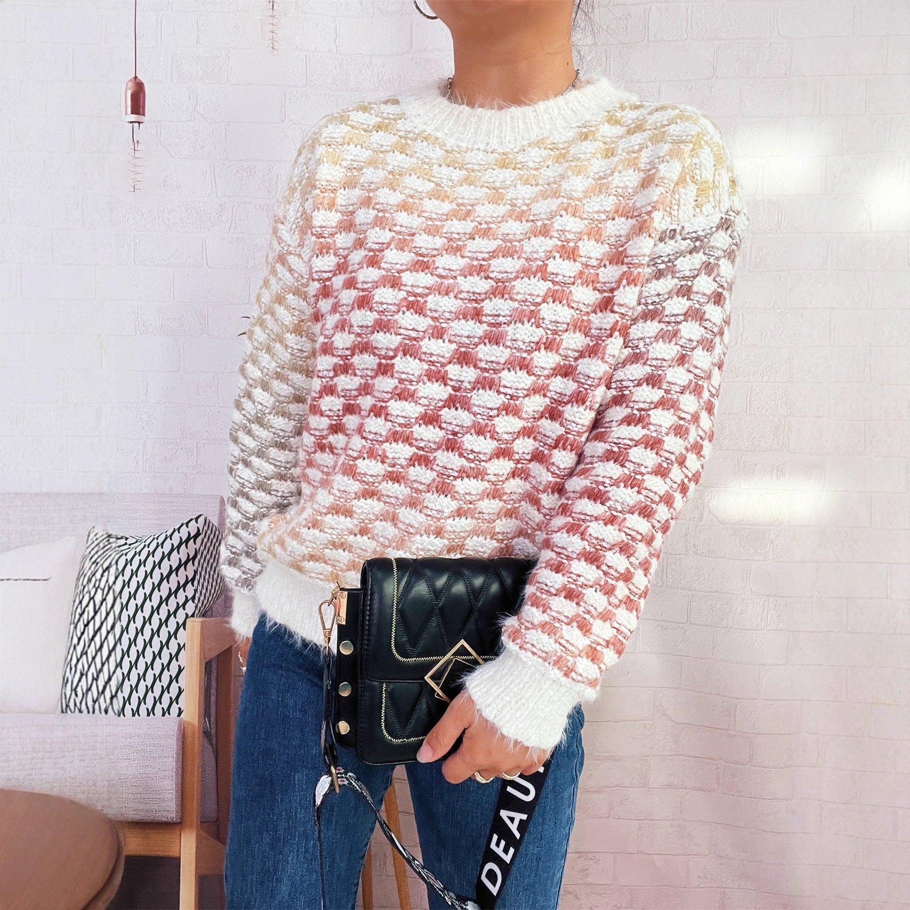 Damen Modischer Strickpullover mit Karo-Muster R&B