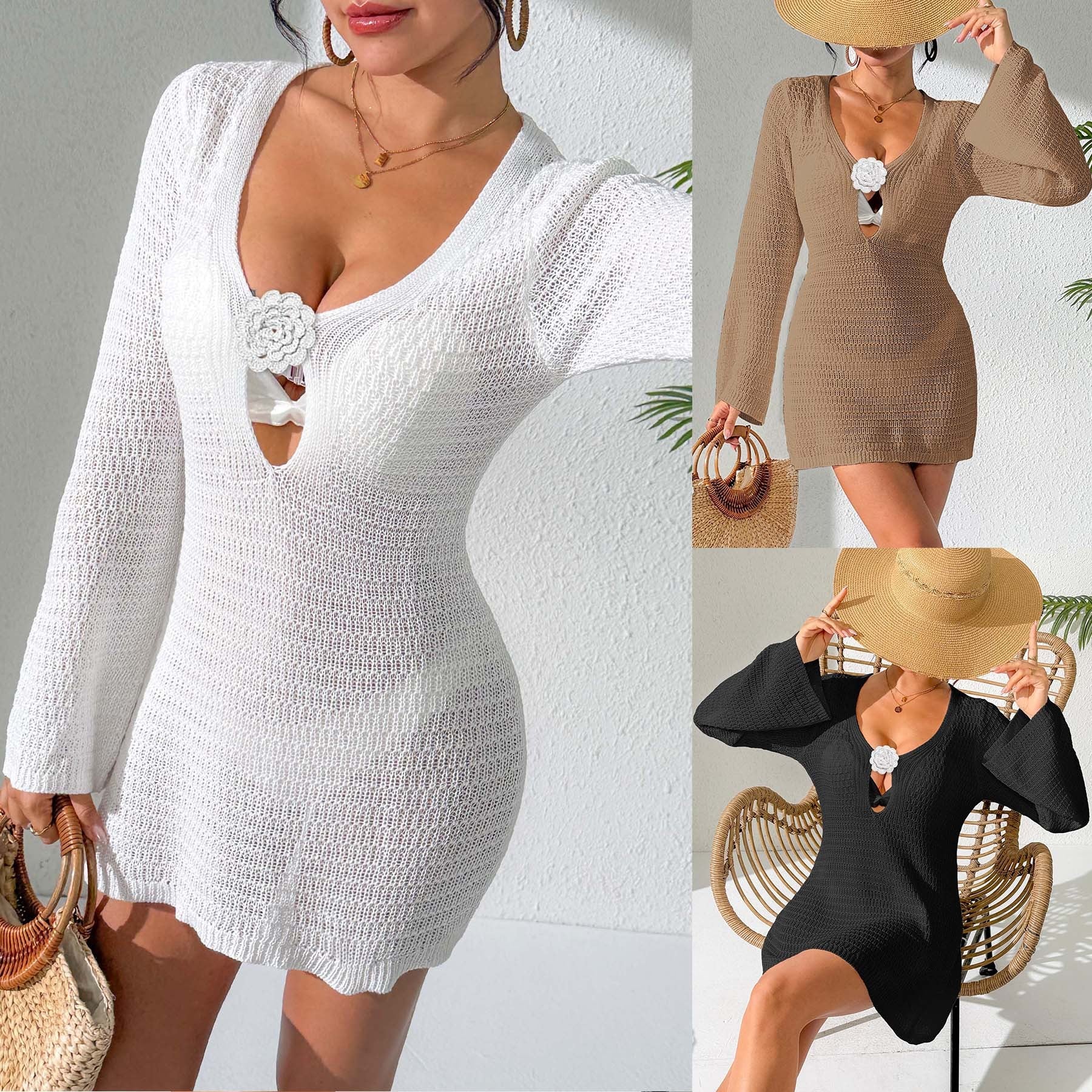Damen gehäkeltes Strandkleid mit tiefem V-Ausschnitt und eleganter Blüte R&B