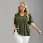 Damen Lässiges V-Ausschnitt T-Shirt mit Seitentaschen und weichem Material R&B