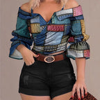 Damen modisches Oberteil mit voluminösen Ärmeln und Patchwork-Design R&B