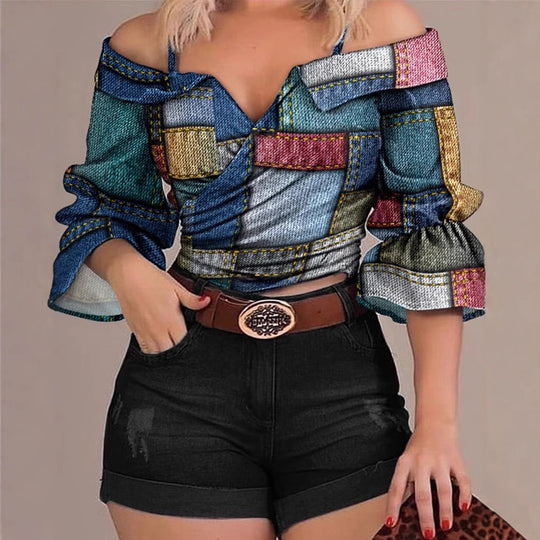 Damen modisches Oberteil mit voluminösen Ärmeln und Patchwork-Design R&B