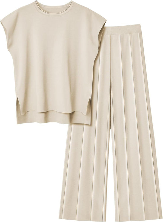 Damen elegantes Set mit kurzärmligem Oberteil und plissierter Hose R&B
