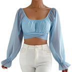 Damen Cropped Bluse mit Puffärmeln und raffiniertem Schnitt R&B