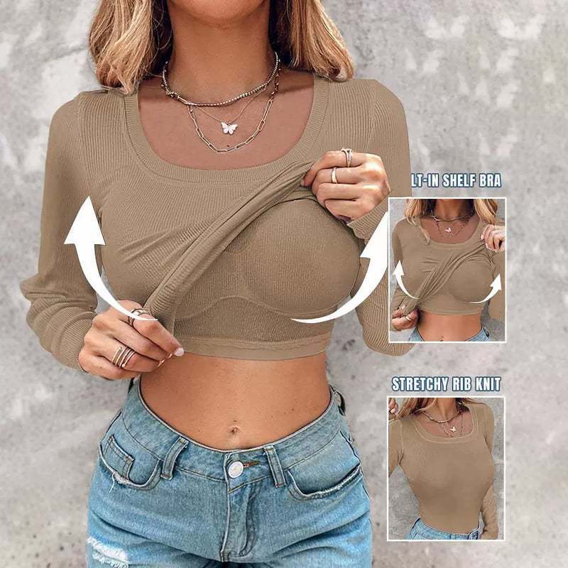 Damen Langarm Crop Top mit eingearbeitetem BH und elastischer Rippenstruktur R&B