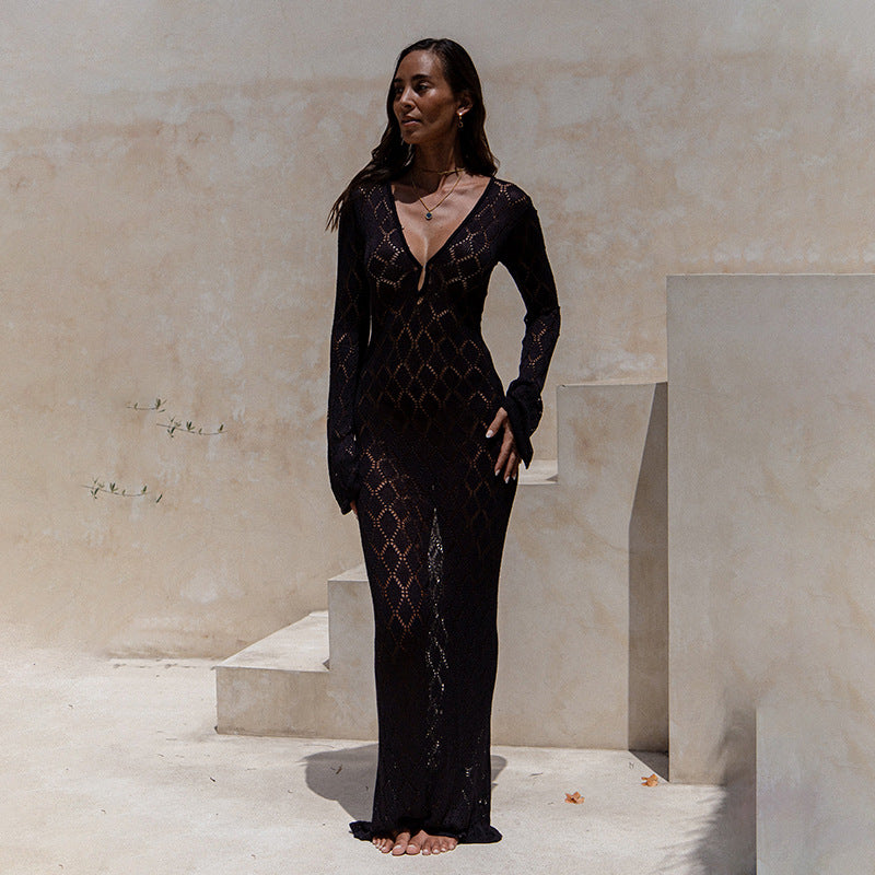 Damen gehäkeltes Maxi-Kleid mit tiefem V-Ausschnitt und weitem Ärmel R&B
