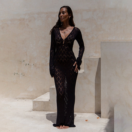 Damen gehäkeltes Maxi-Kleid mit tiefem V-Ausschnitt und weitem Ärmel R&B
