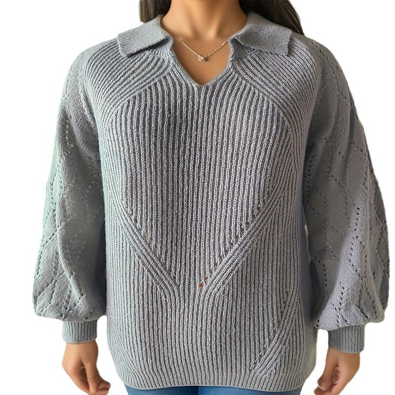 Damen Strickpullover mit V-Ausschnitt und Ballonärmeln R&B