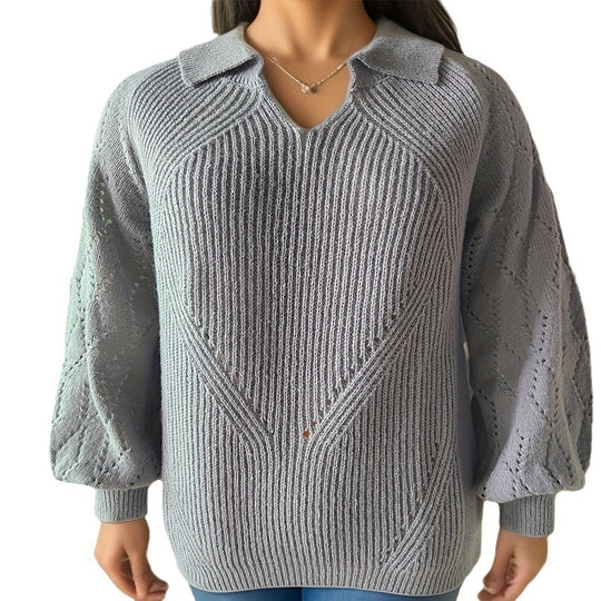 Damen Strickpullover mit V-Ausschnitt und Ballonärmeln R&B
