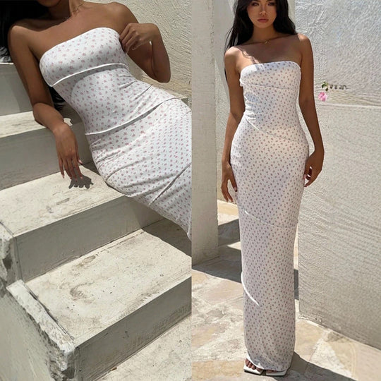 Damen Maxikleid mit floralem Muster und elegantem Bandeau-Ausschnitt R&B