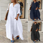 R&B | Einreiher Baumwoll-Leinen Plus Size Langkleid