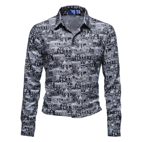 Herren Langarmhemd mit kreativem Stadtmotiv und moderner Passform R&B