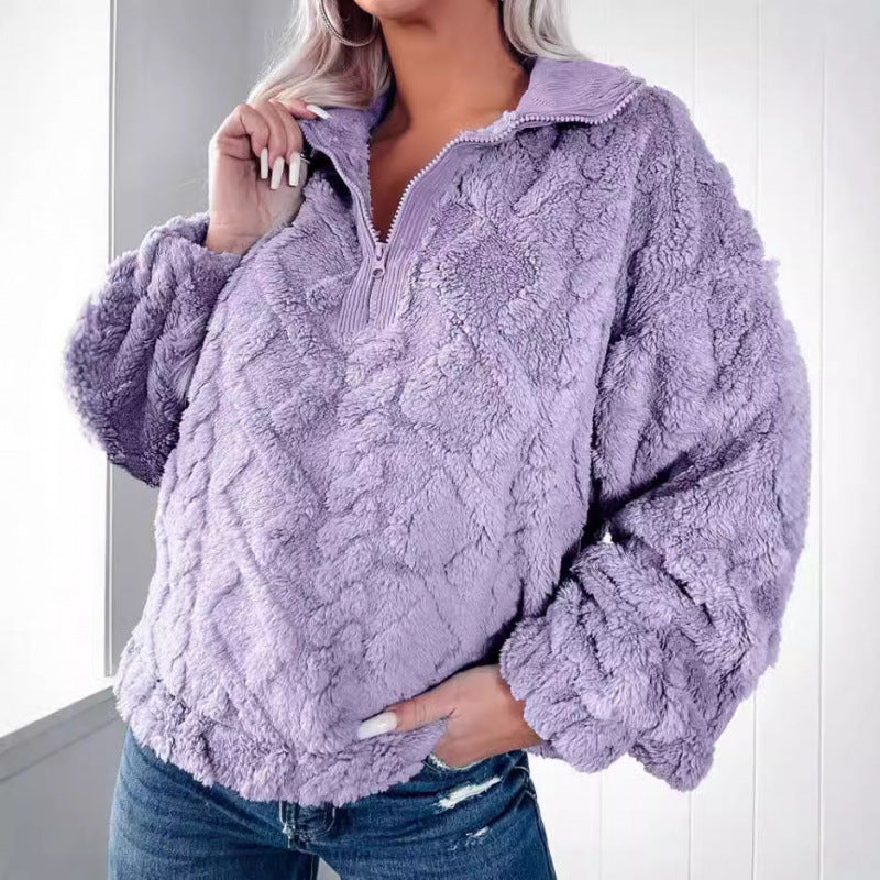 Damen Kuscheliger Fleece-Pullover mit hohem Kragen und Halb-Reißverschluss R&B