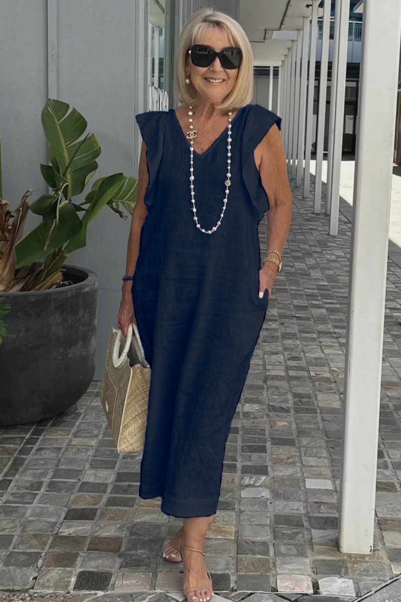 Damen Maxikleid mit V-Ausschnitt und angeschnittenem Ärmel R&B