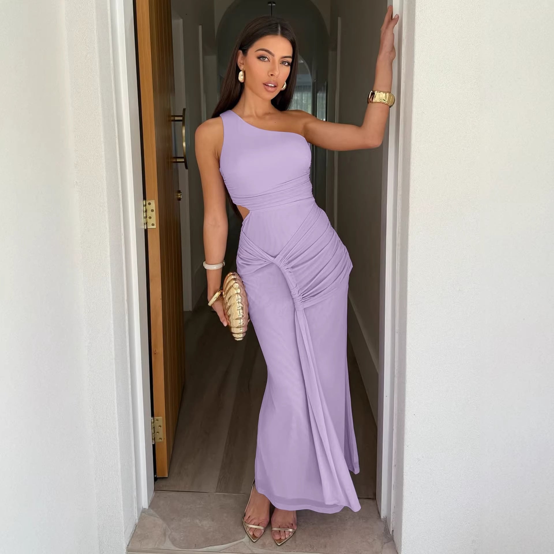 Damen stilvolles Wickelkleid mit asymmetrischem Ausschnitt und Rüschendetails R&B