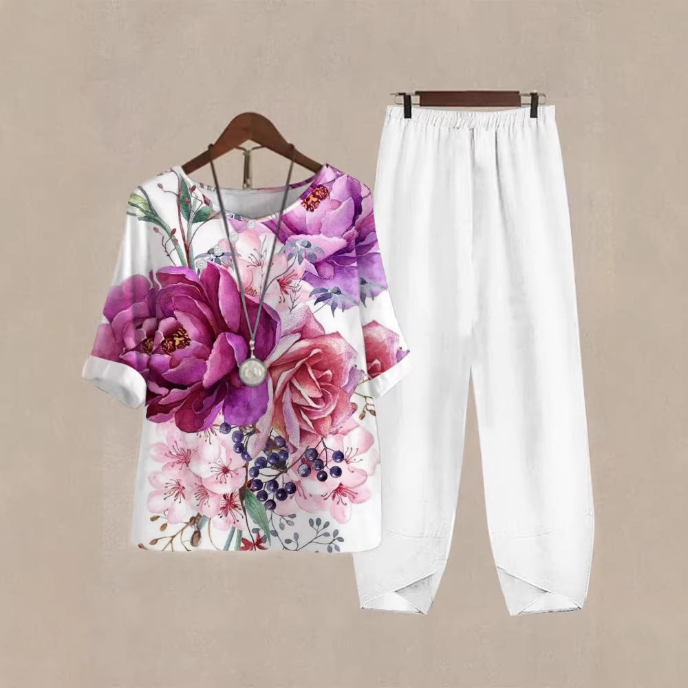 Damen Freizeit Oberteil mit floralem Muster und bequemer Hose R&B