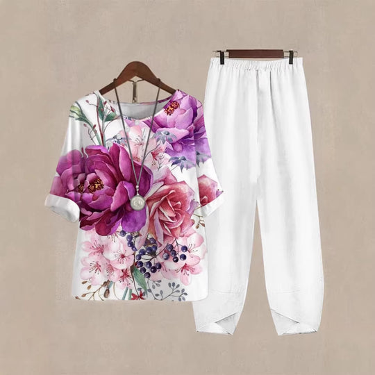 Damen Freizeit Oberteil mit floralem Muster und bequemer Hose R&B