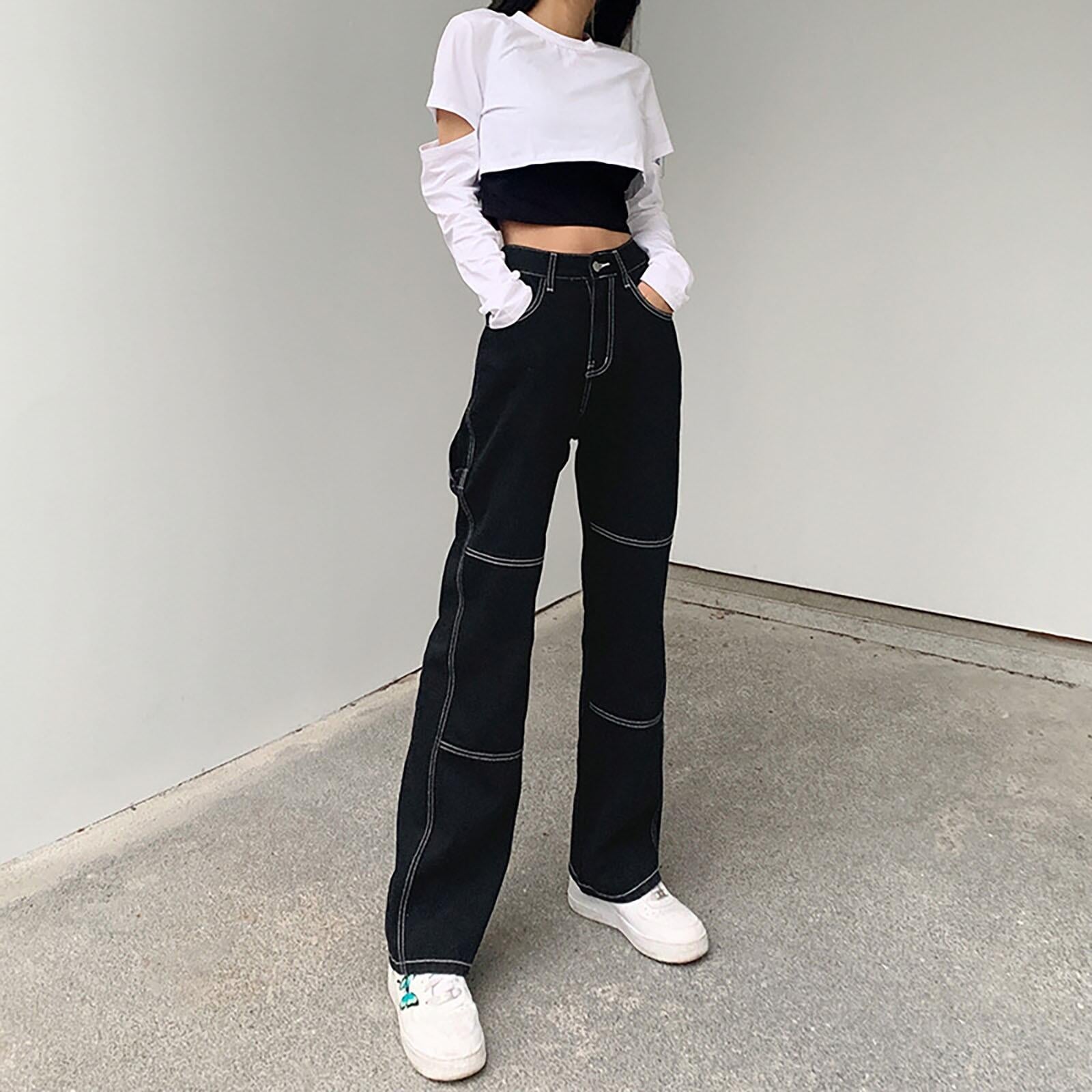 Damen weite Jeans mit modischen Kontrastnähten R&B