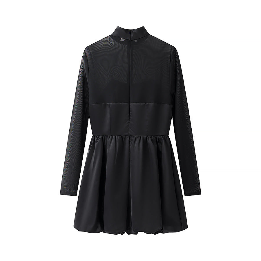 Damen elegantes Auftakt-Kleid mit transparenten Ärmeln und hohem Kragen R&B