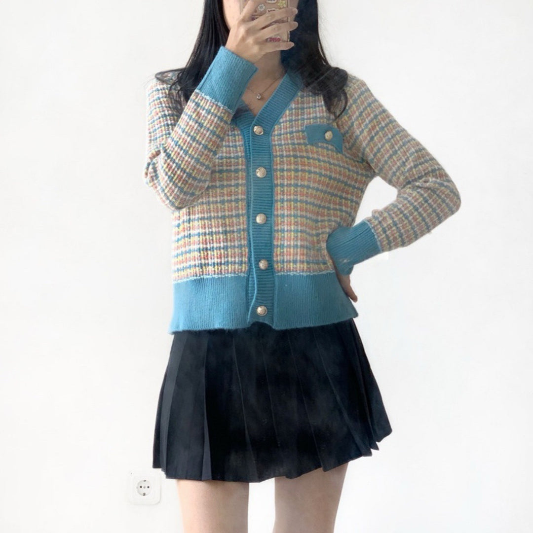 Damen modischer Strickcardigan mit farbenfrohem Muster und Knopfleiste R&B