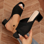 Damen Mules mit modischem Strickoberteil und elegantem Blockabsatz R&B
