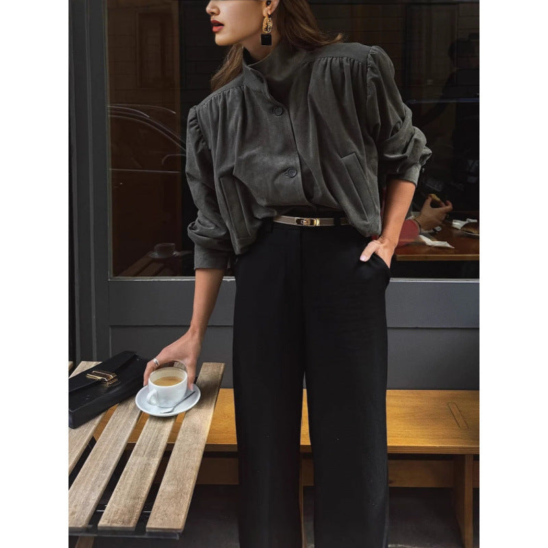 Damen elegante Jacke mit strukturierten Puffärmeln und Knopfdetail R&B
