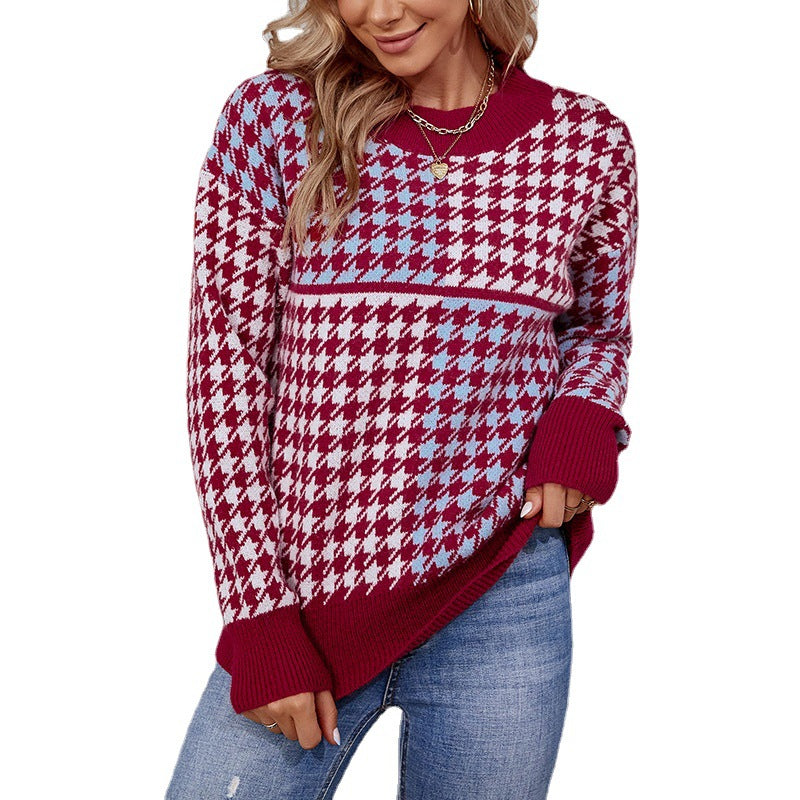 Damen kuscheliger Strickpullover mit trendigem Karomuster und weitem Schnitt