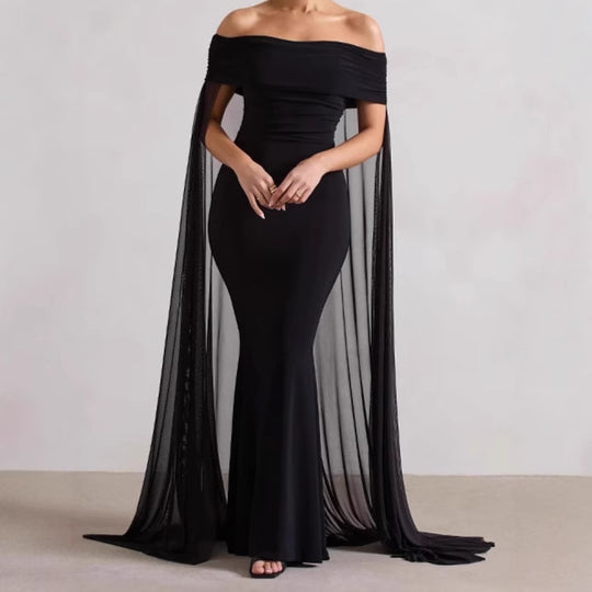 Damen Elegantes Off-Shoulder Abendkleid mit fließendem Transparenz-Cape und figurumspielendem Schnitt R&B