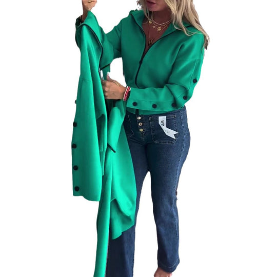 Damen nan kurze Kapuzen-Strickzipjacke mit breitem Rippbund und Zierknöpfen an Ärmeln R&B