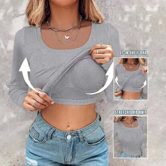 Damen Langarm Crop Top mit eingearbeitetem BH und elastischer Rippenstruktur R&B