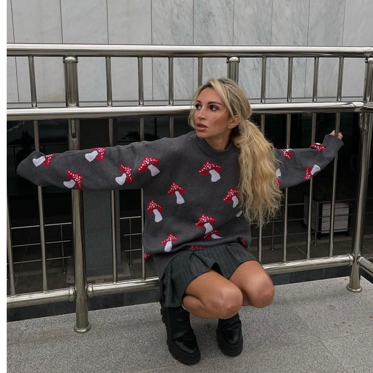 Damen Pullover mit verspielten Pilzstickereien R&B