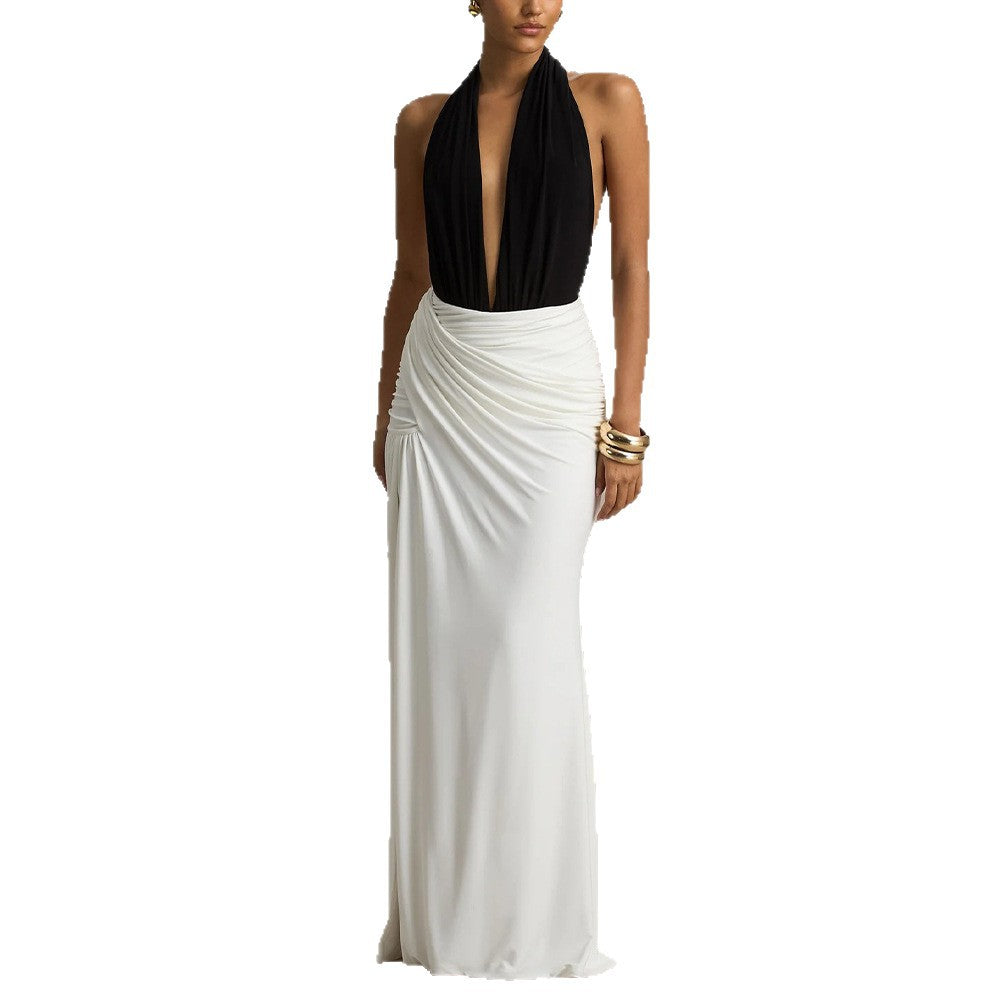 Damen Elegantes Maxikleid mit tiefem V-Ausschnitt und gerafftem Rock R&B