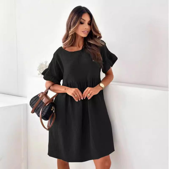 Damen lässiges Sommerkleid mit elastischem Taillenzug und kurzen Ärmeln R&B