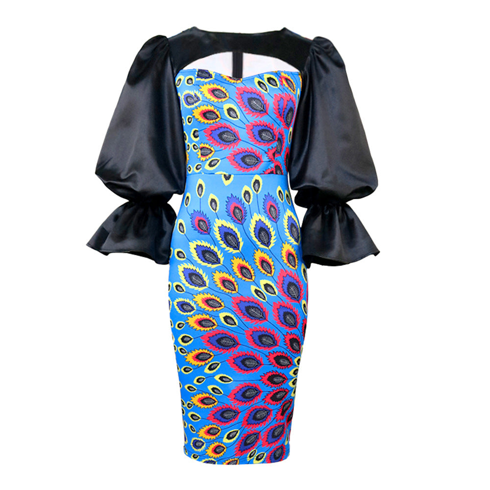 Damen Midi-Kleid mit floralem Druck und eleganten Puffärmeln R&B