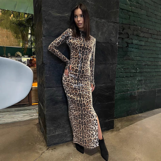 Damen Figurbetontes Maxikleid mit Leopardenmuster und hohem Schlitz R&B