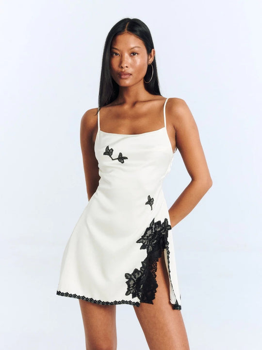 Damen Mini-Kleid mit filigraner Spitze und bestickten Schmetterlingen R&B