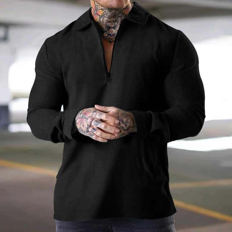 Herren nan schmales Halbzip-Polo mit Waffelstruktur offener Kentkragen und cleanem Minimal-Design R&B