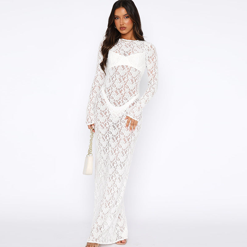 Damen Elegantes Spitzen-Maxikleid mit langem Arm und transparenten Akzenten R&B
