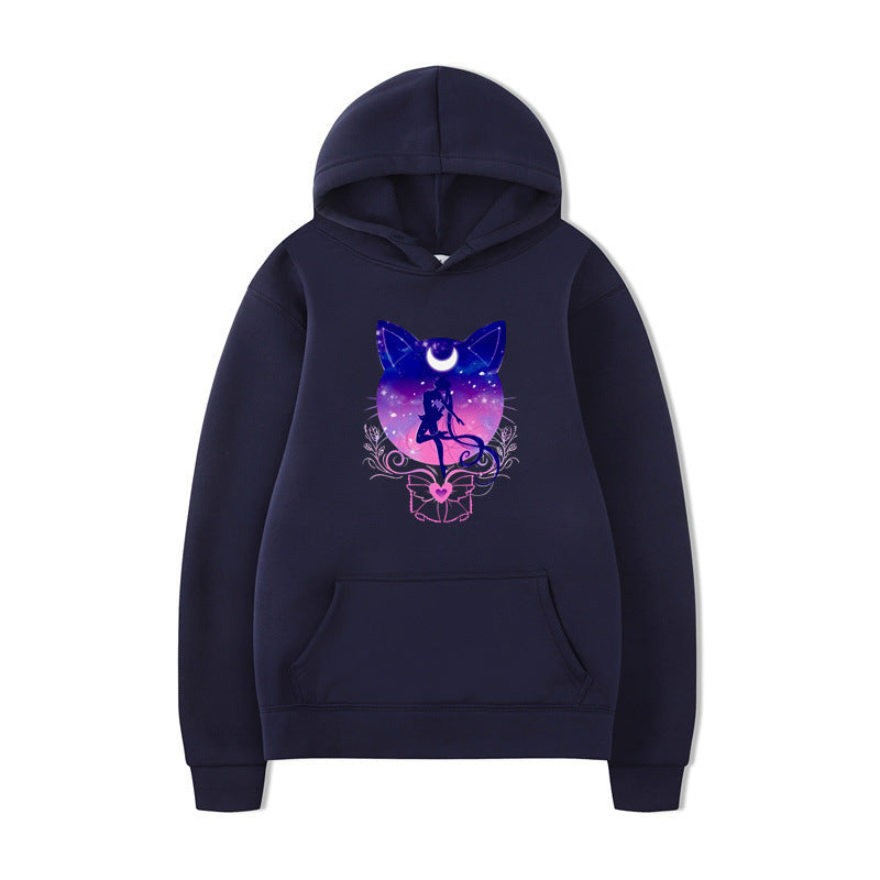 Damen Kapuzenpullover mit künstlerischem Katzenmotiv und bequemer Passform R&B