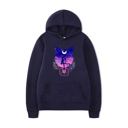 Damen Kapuzenpullover mit künstlerischem Katzenmotiv und bequemer Passform R&B