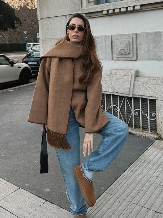 Damen oversized Mantel mit Fransendetails R&B